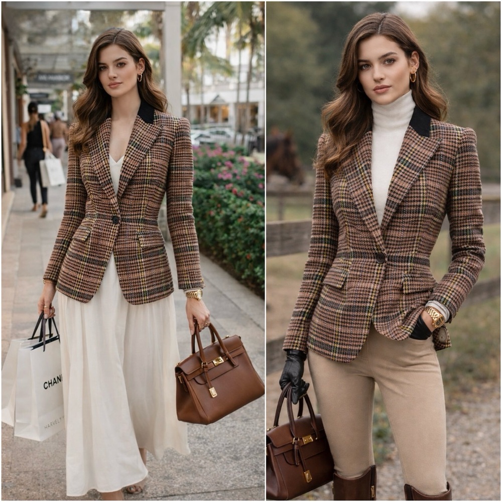 Ted Baker Houndstooth Brown Plaid Blazer Brown Black Yellow size 2